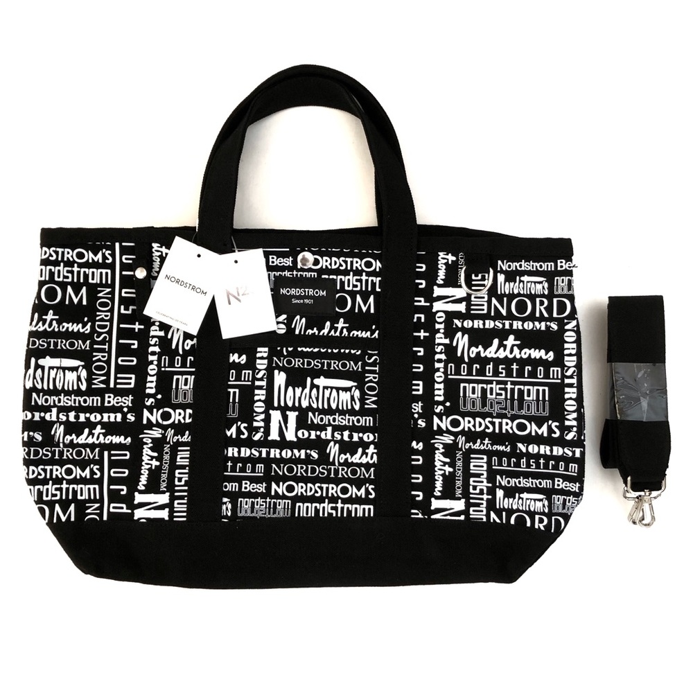 New Nordstrom Black and White Logo Canvas Tote Bag with Detachable Strap Limited